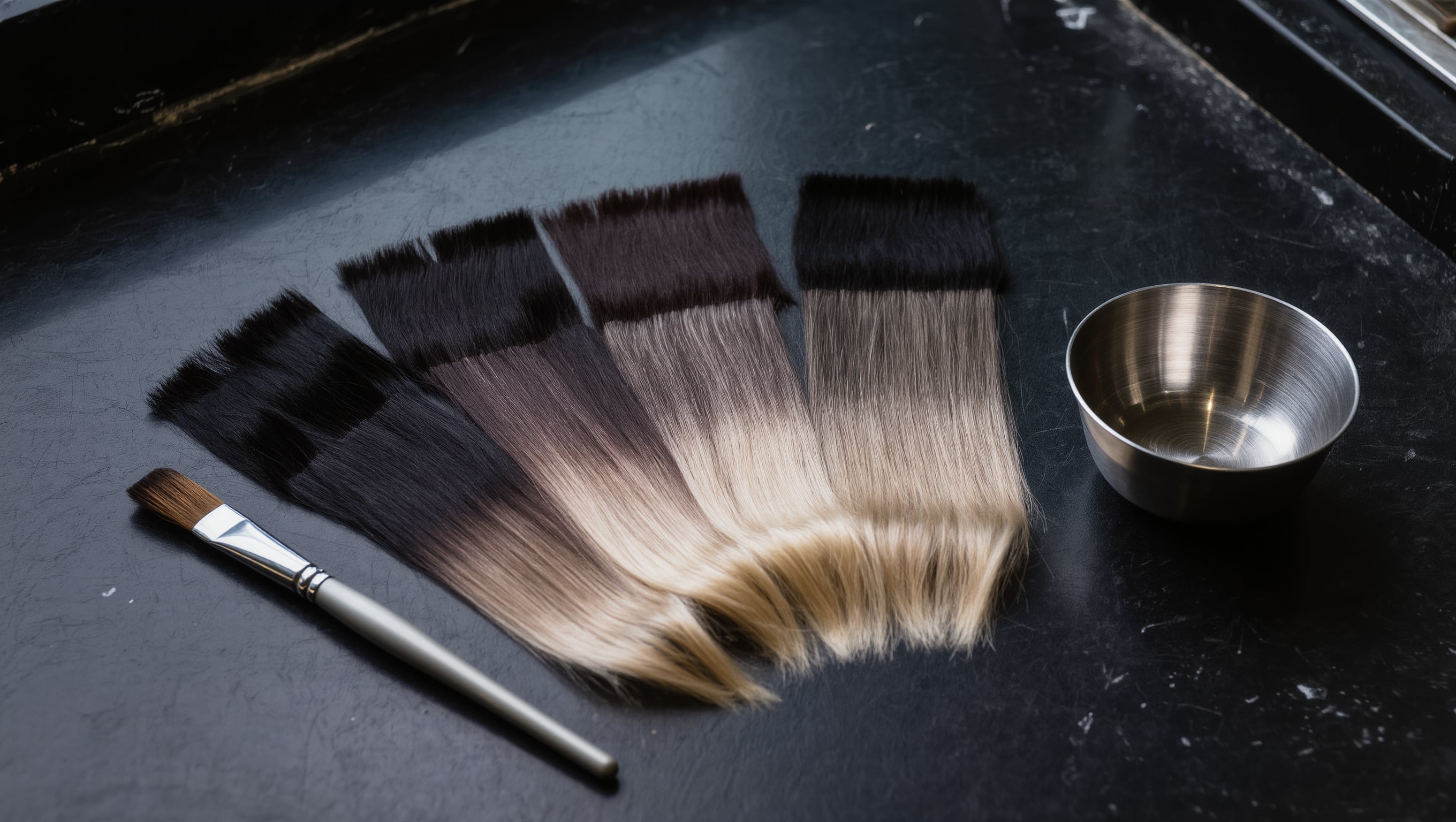 Ein Farbring mit nummerierten Haarsträhnen auf dunklem Tresen, daneben Pinsel und Farbschale im Streiflicht
