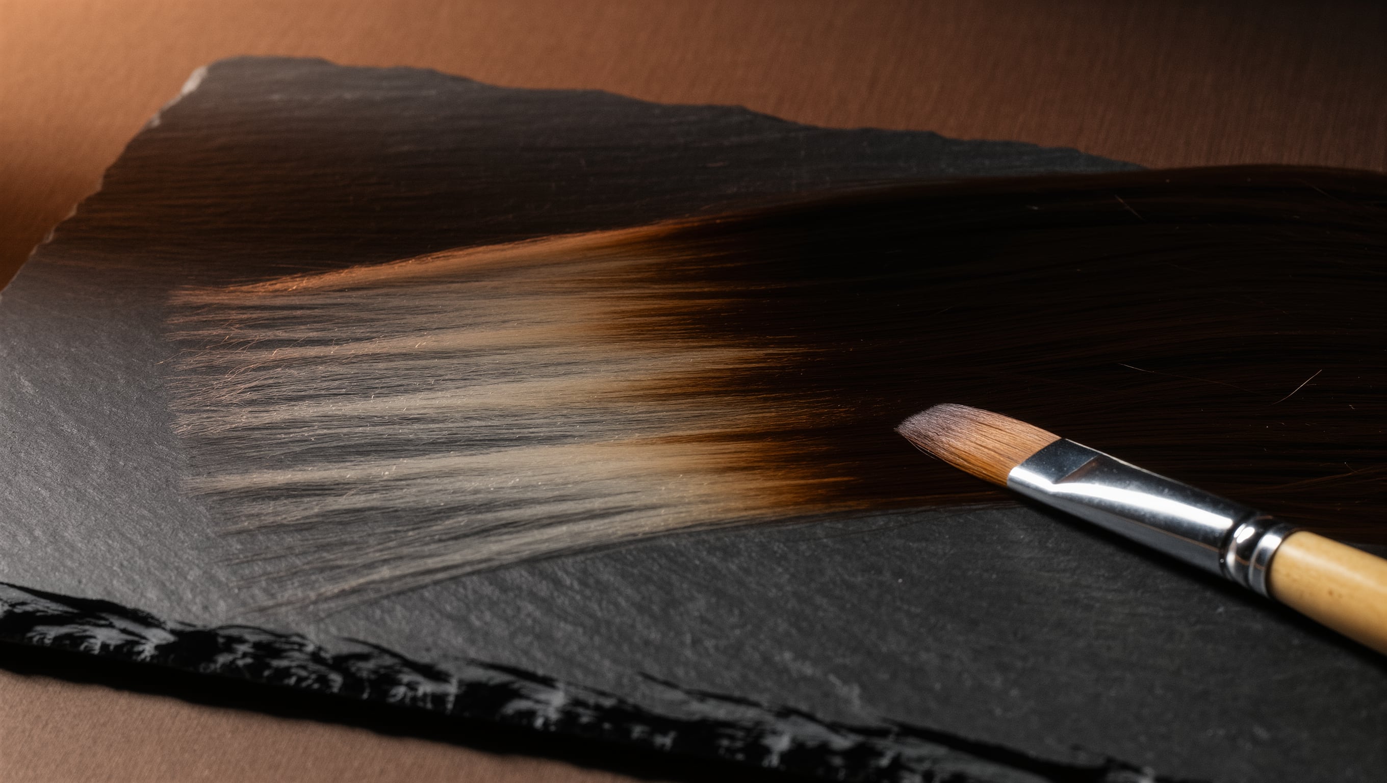 Pinsel streicht helles Aufhellungsmittel auf eine Haarsträhne über einem Färbebrett, daneben Schale und Farbfächer in Blondtönen