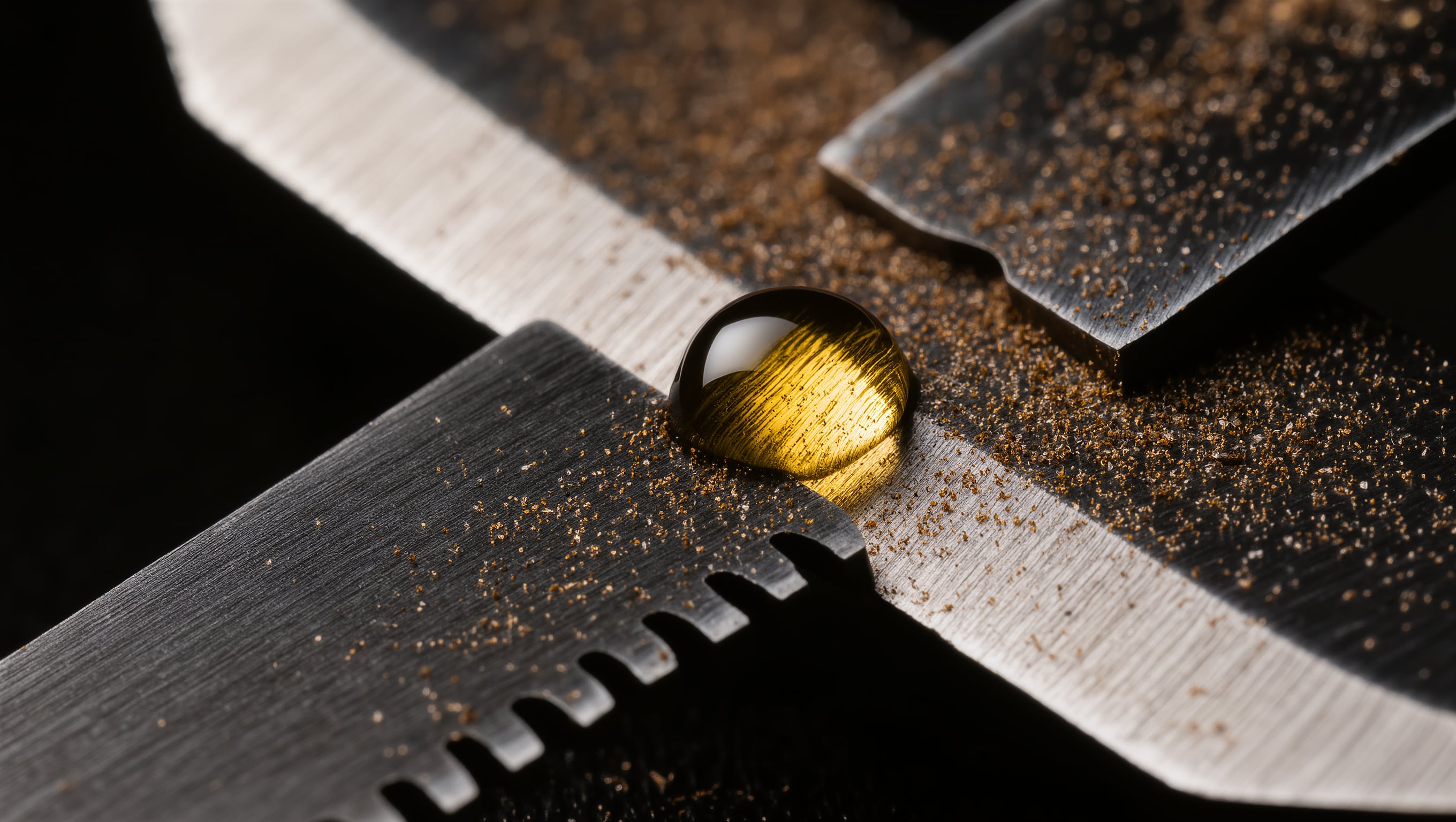 Haarschneidemaschine mit geöffnetem Klingenhebel liegt neben aufgereihten Aufsätzen und einem Nackenpinsel auf dunkler Ablage