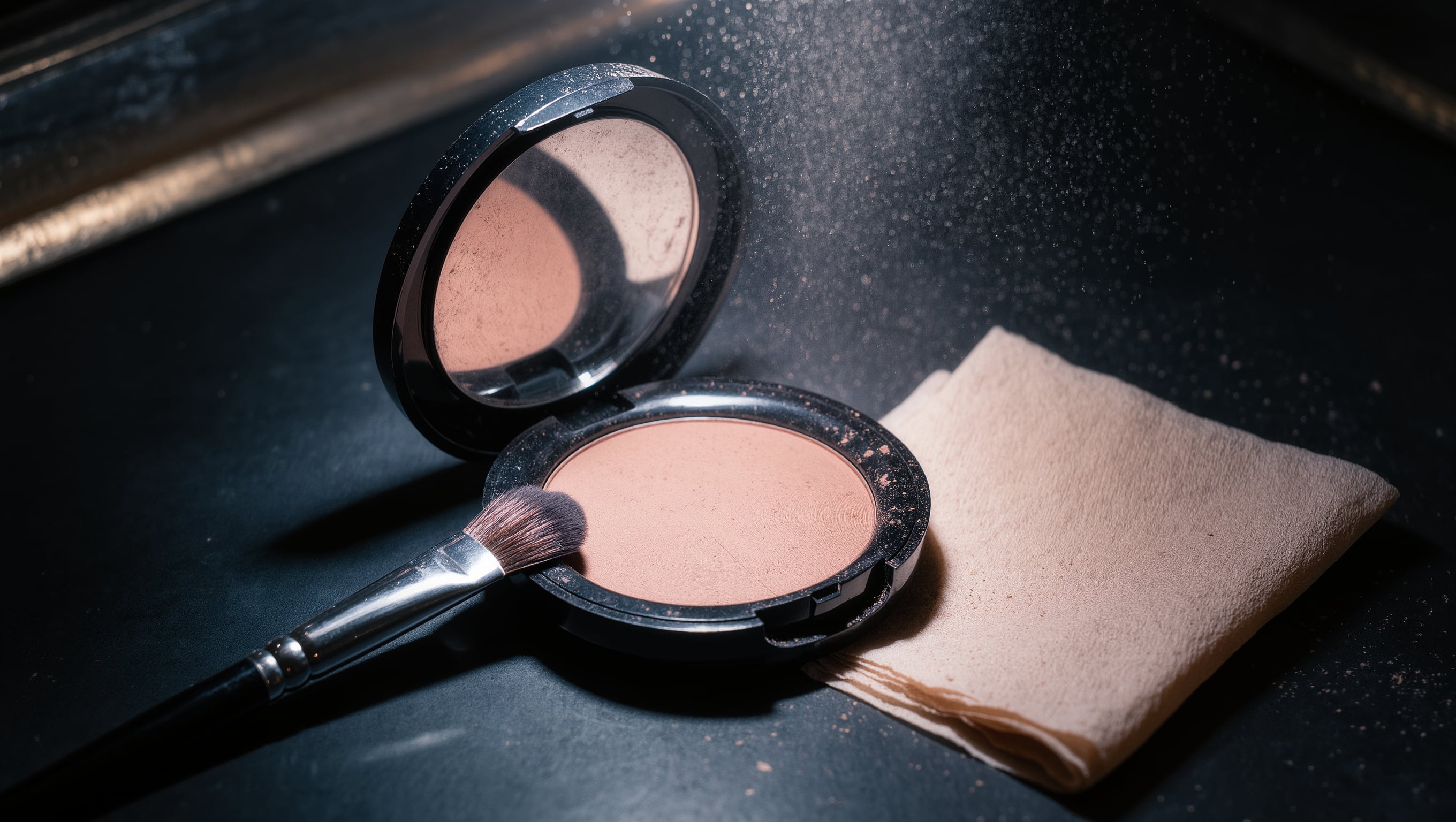 Kleiner Pflegebeutel mit Lippenbalsam, Mattierungspapier, Haarklammern und einer Sprühflasche auf einer Ablage unter kaltem Hallenlicht