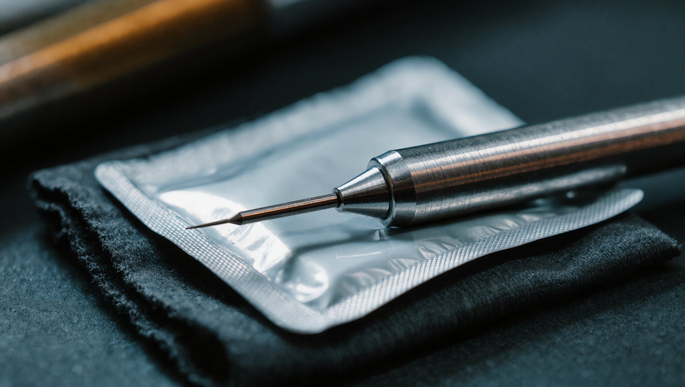 Versiegeltes Einweg-Nadelmodul liegt ungeöffnet neben Behandlungsgerät, Einmalhandschuhen und einer Serumampulle auf sterilem Tuch