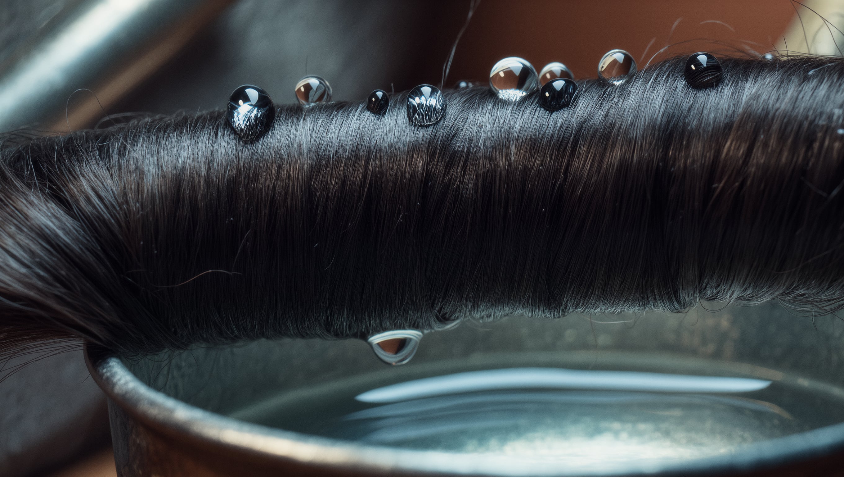 Wassertropfen auf einer eng gewundenen dunklen Haarsträhne, daneben eine offene Tiegelcreme im schmalen Lichtstreifen
