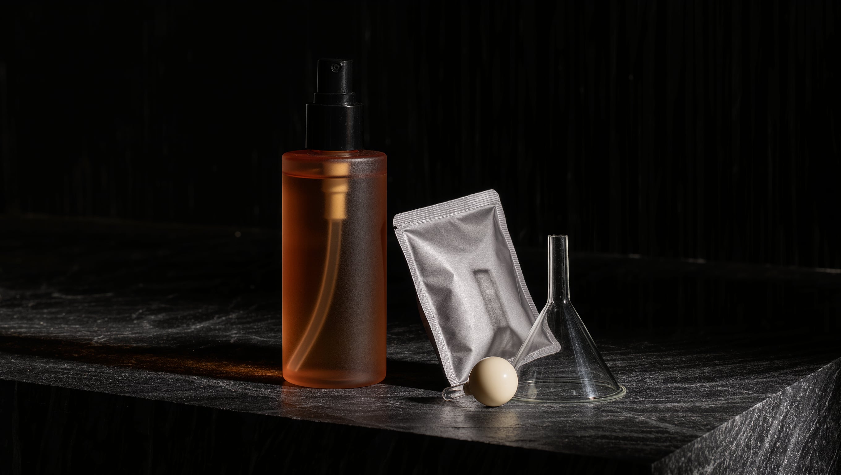 Airless-Spender, festes Shampoostück und leere Nachfüllflasche stehen nebeneinander auf einer Holzablage neben einem Leinentuch