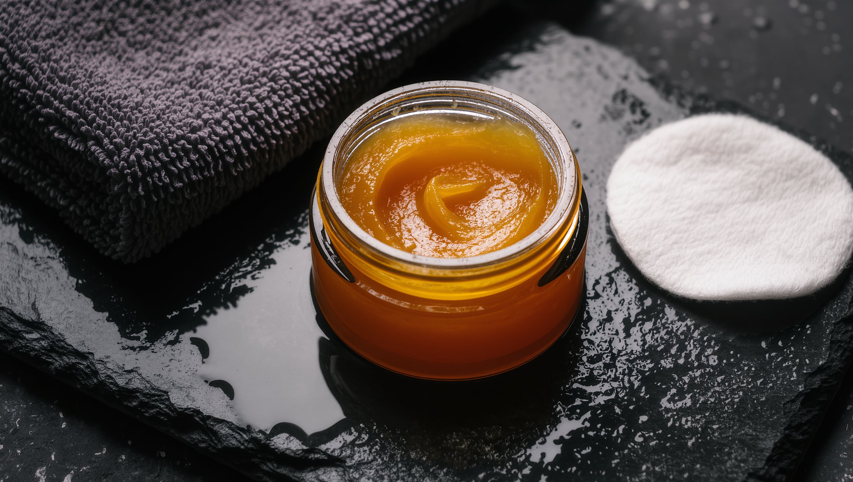 Reinigungsbalm in offenem Tiegel, ein feuchtes Baumwolltuch und ein Blotting-Papier auf dunkler Steinablage im Abendlicht