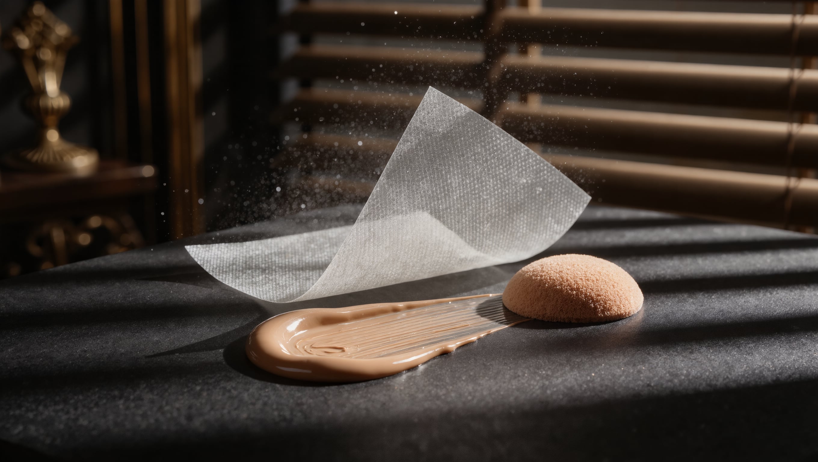 Geöffnete Puderdose mit transparentem Puder, daneben Blotting-Papier und eine angebrochene Sonnenschutztube auf hellem Stein